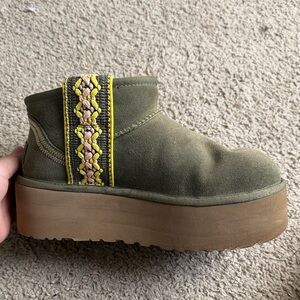 UGG Olive Platform Boots with Embroidered Detail